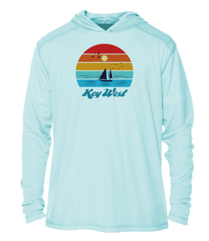 A blue hoodie with a sailboat and sunset on it.