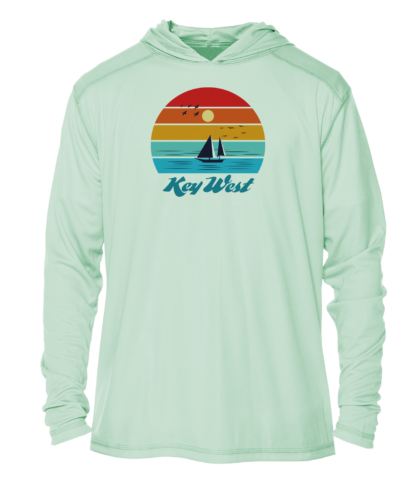 A mint green hoodie with a sailboat on it.
