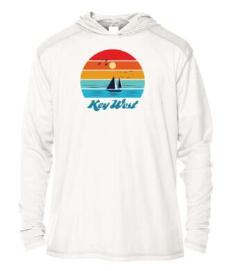 Sun protection hoodie with Key West sunset design, UPF 50+ fabric, perfect for beach and outdoor act.
