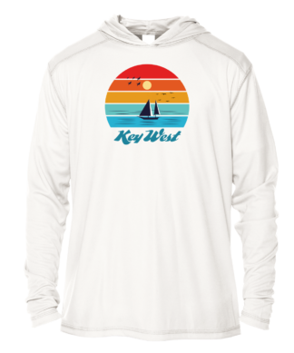 A white hoodie with an image of a sailboat and sunset.