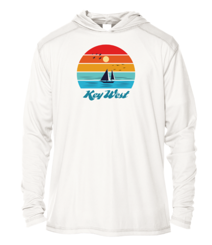 A white hoodie with an image of a sailboat and sunset.