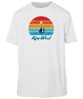 White Key West sun shirt with sunset and sailboat graphic, UPF 50+ protection.
