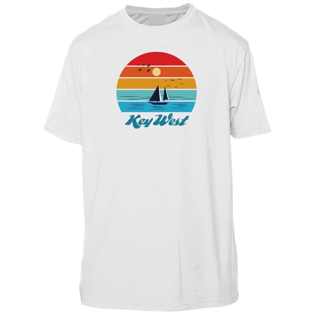 White Key West sun shirt with sunset and sailboat graphic, UPF 50+ protection.