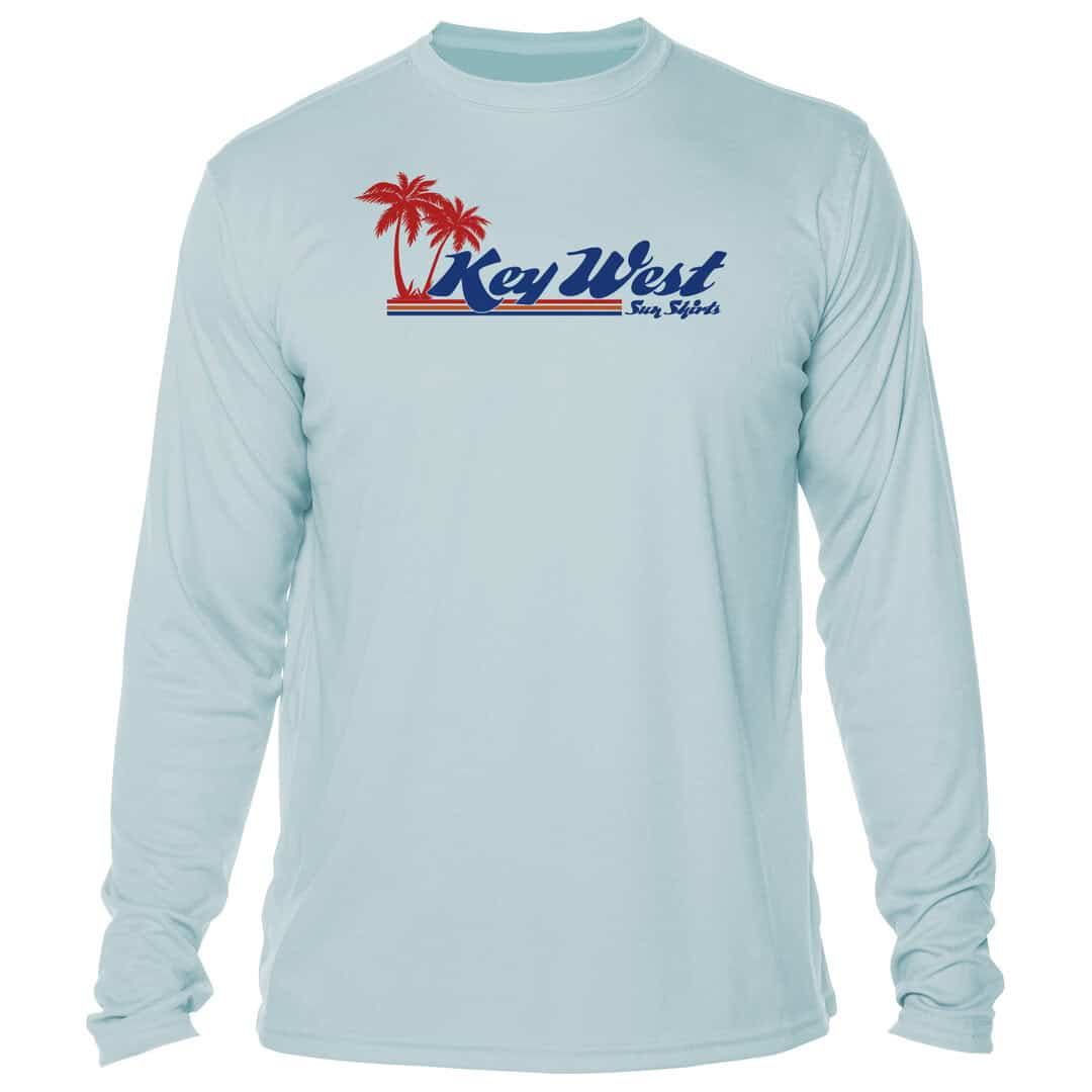 Sun protection long sleeve shirt with Key West retro logo, UPF 50+ UV protection, perfect for beach.