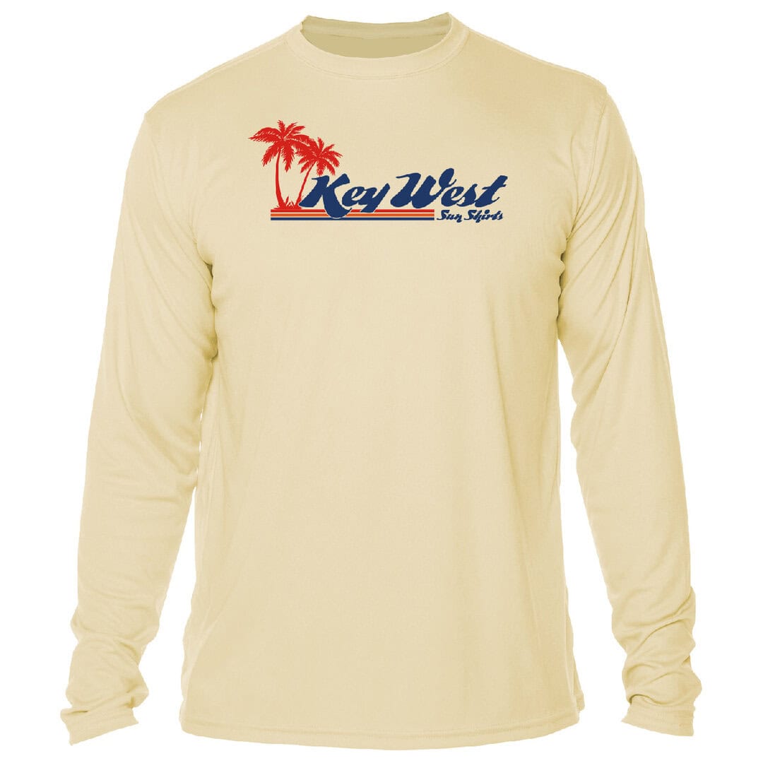 Sun protection long sleeve shirt with Key West retro logo and palm trees.