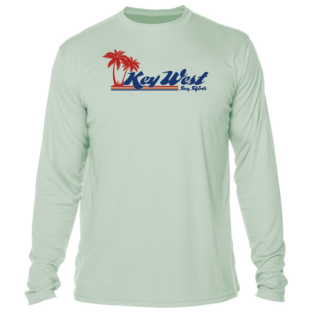 Sun protection long sleeve shirt with Key West retro logo and palm tree design, UPF 50+ for sun safe.
