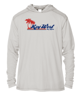 A Key West Sun Shirts - Retro Logo - UV Hoodie with the word Key West on it.