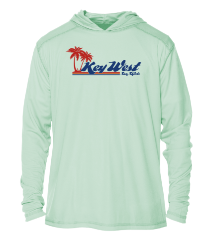 A mint green Key West Sun Shirts - Retro Logo - UV Hoodie with the word Key West on it.