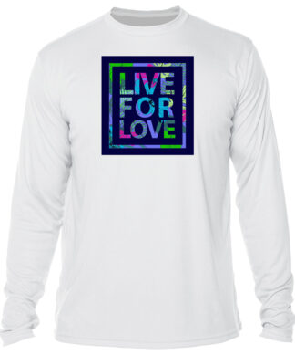 UPF 50+ sun protection long sleeve shirt with "Live For Love" graphic, perfect for sunny Key West da.