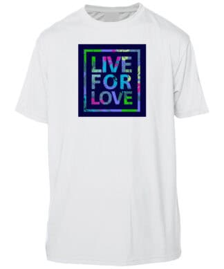 White Key West sun shirt with "Live for Love" colorful graphic design.
