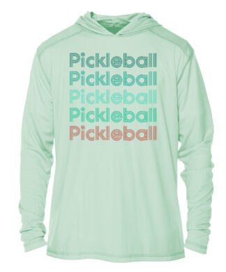 Light green UPF 50+ hoodie with "Pickleball" text in multiple colors, perfect for sun protection.