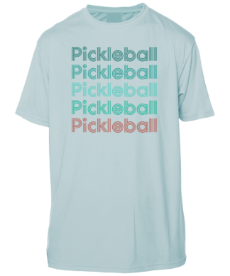 A light blue t - shirt with the word pickball on it.