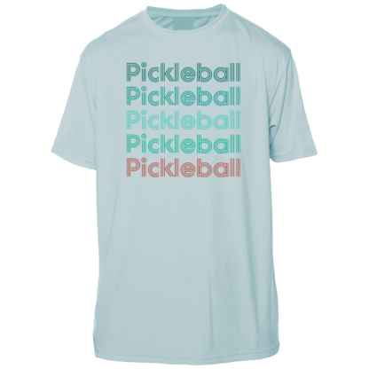 A light blue t - shirt with the word pickball on it.