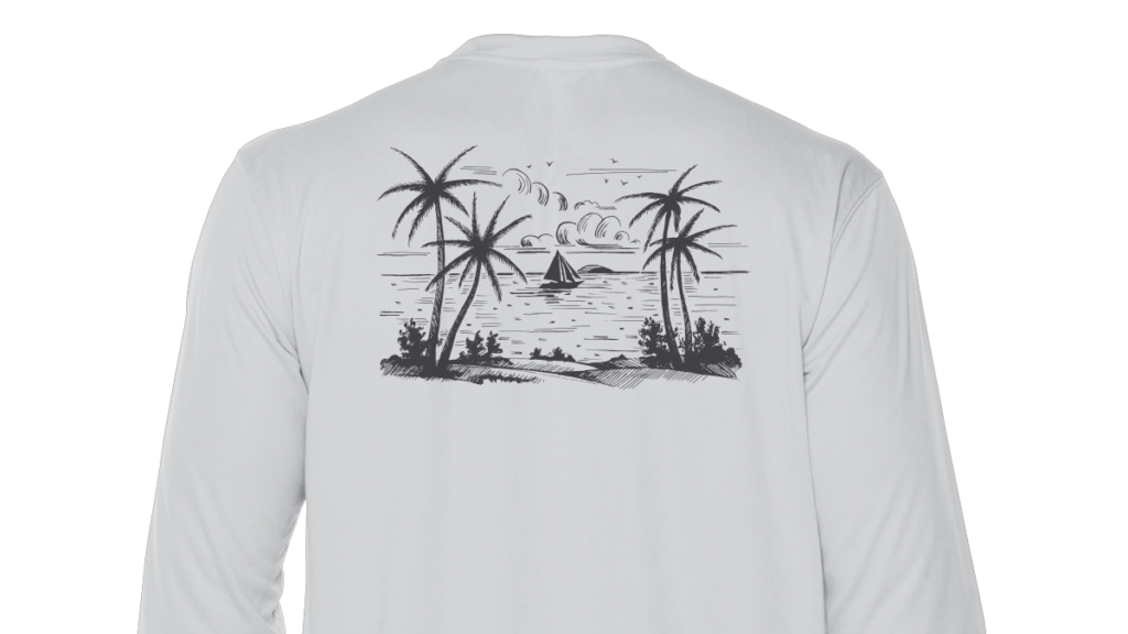 A men's long sleeve shirt with an image of a beach and palm trees.