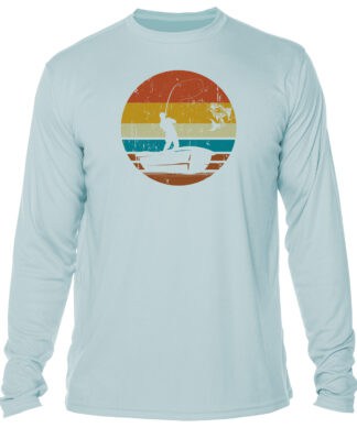 Fishing sunset graphic on a light blue long sleeve shirt, ideal for sun protection and casual wear.