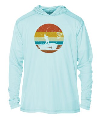 Sunset Catch UPF 50+ hoodie featuring a fishing silhouette and retro sunset design. Perfect for sun.