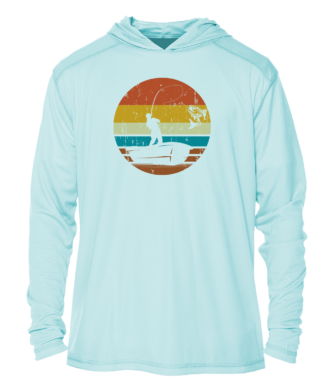 A men's hoodie with an image of a fishing boat and sunset.