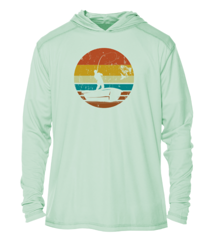 A men's hoodie with an image of a fishing boat and sunset.