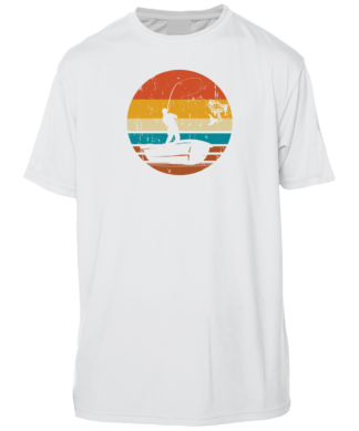 A white t - shirt with an image of a man fishing at sunset.