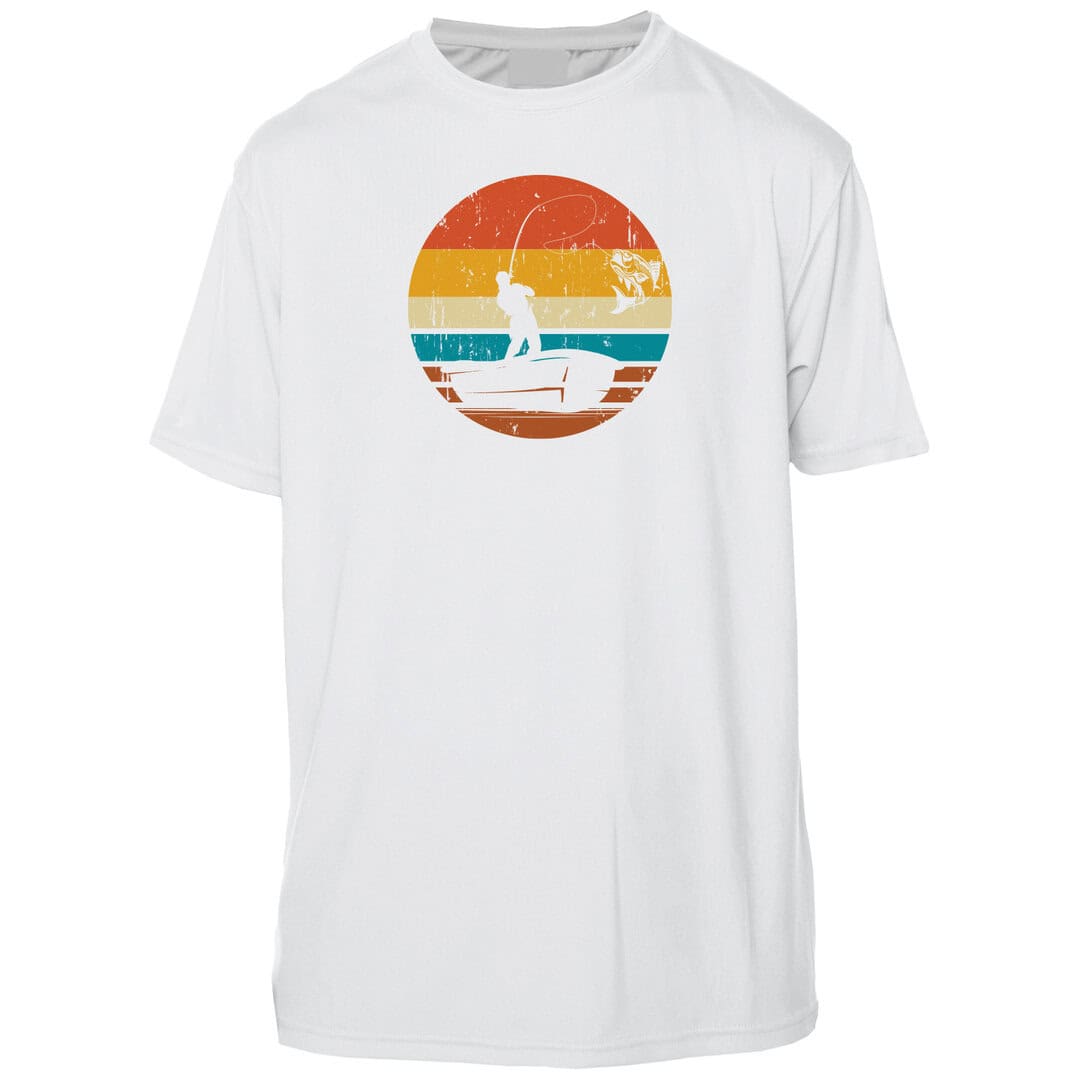 Sun protection T-shirt featuring a sunset and fishing design, perfect for outdoor activities in Key.