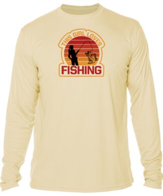 Fishing shirt with girl silhouette and fish graphic, UPF 50+ sun protection, perfect for fishing ent.