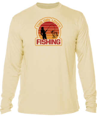 A long - sleeved t - shirt that says fishing at sunset.