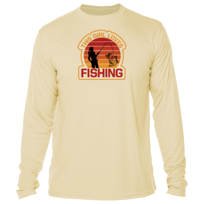 A long - sleeved t - shirt that says fishing at sunset.