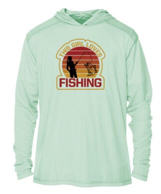 Girl fishing hoodie with UPF 50+ sun protection, perfect for outdoor anglers.