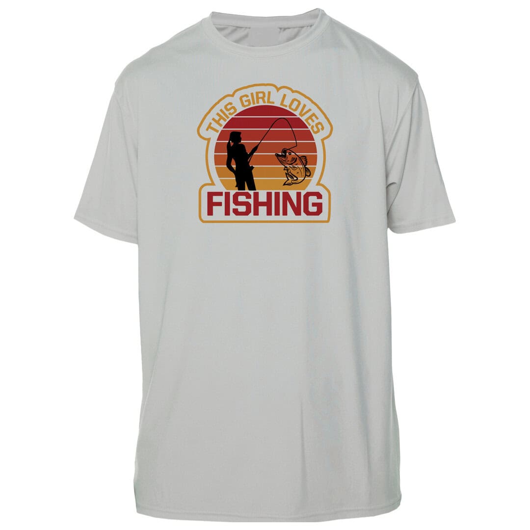 Girl fishing graphic on white UPF 50+ sun shirt, perfect for outdoor activities.