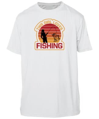 Girl fishing graphic on white UPF 50+ sun shirt, perfect for outdoor activities.