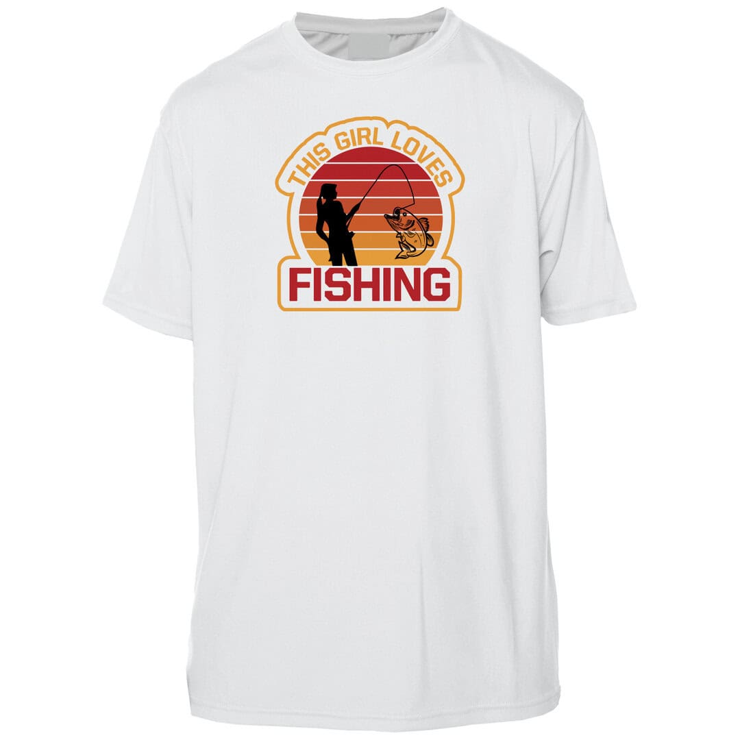 Girl fishing graphic on white UPF 50+ sun shirt, perfect for outdoor activities.