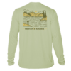 back of sage Grateful Angler Mountain Fishing UV Shirt showing a person fishing along the banks of a mountain lake