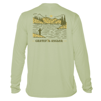 back of sage Grateful Angler Mountain Fishing UV Shirt showing a person fishing along the banks of a mountain lake