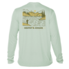 back of seagrass Grateful Angler Mountain Fishing UV Shirt showing a person fishing along the banks of a mountain lake