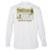back of white Grateful Angler Mountain Fishing UV Shirt showing a person fishing along the banks of a mountain lake
