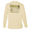 back of pale yellow Grateful Angler Mountain Fishing UV Shirt showing a person fishing along the banks of a mountain lake