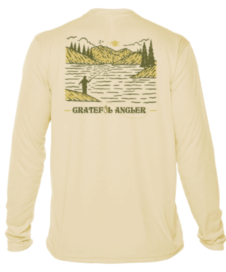 back of pale yellow Grateful Angler Mountain Fishing UV Shirt showing a person fishing along the banks of a mountain lake