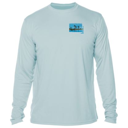 A men's light blue long sleeve sun shirt with an image of a beach and palm trees.