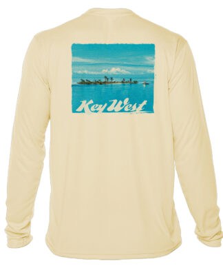 UPF 50+ long sleeve sun shirt featuring Key West island scene for sun protection. Perfect for beach.