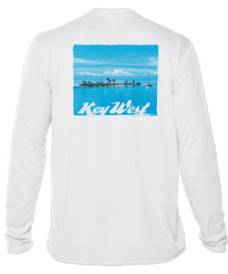 Sun protection white long sleeve shirt with Key West island graphic.