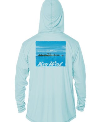 UPF 50+ Arctic Blue hoodie with Key West island graphic on back.