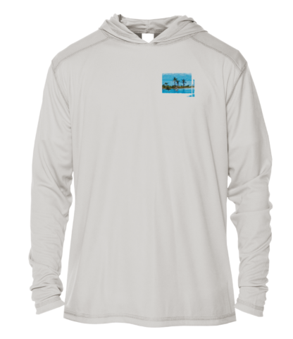A men's sun shirt with a picture of a beach and palm trees.