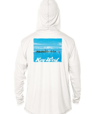 UPF 50+ Key West hoodie with island scene and "Key West" text on back, perfect for sun protection an.