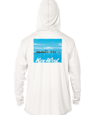 A sun shirt hoodie with an image of a beach and a blue sky.