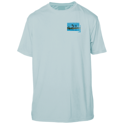 A light blue swim shirt with a palm tree on it.