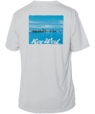 UPF 50+ Key West sun shirt with island scene and "Key West" text on back, perfect for sun protection.