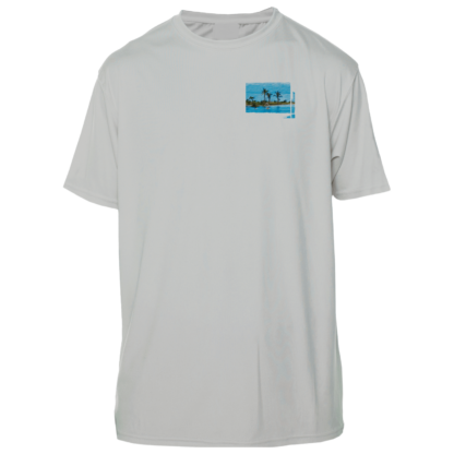 A blue and white image of a beach on a gray sun shirt.