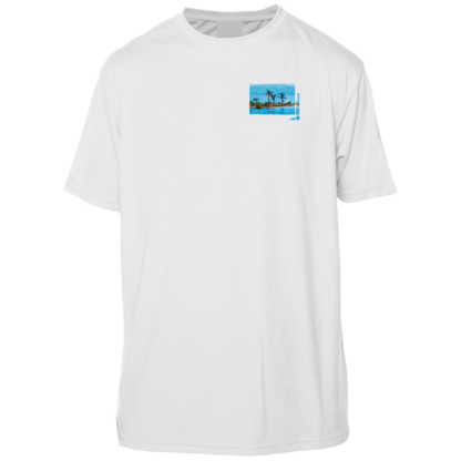 A white UV shirt with an image of a beach and palm trees.