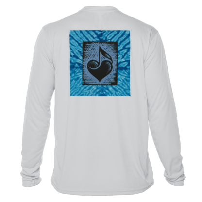 A long-sleeved rash guard t-shirt with a blue heart on it.