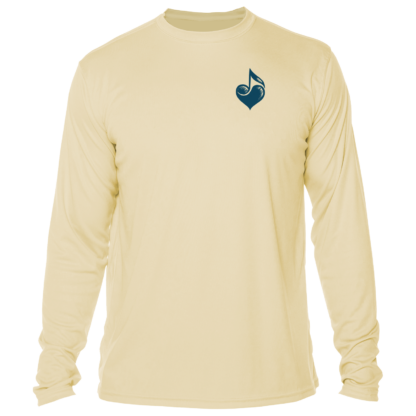 A men's beige long sleeve t-shirt with a blue heart on it, perfect as a sun shirt.